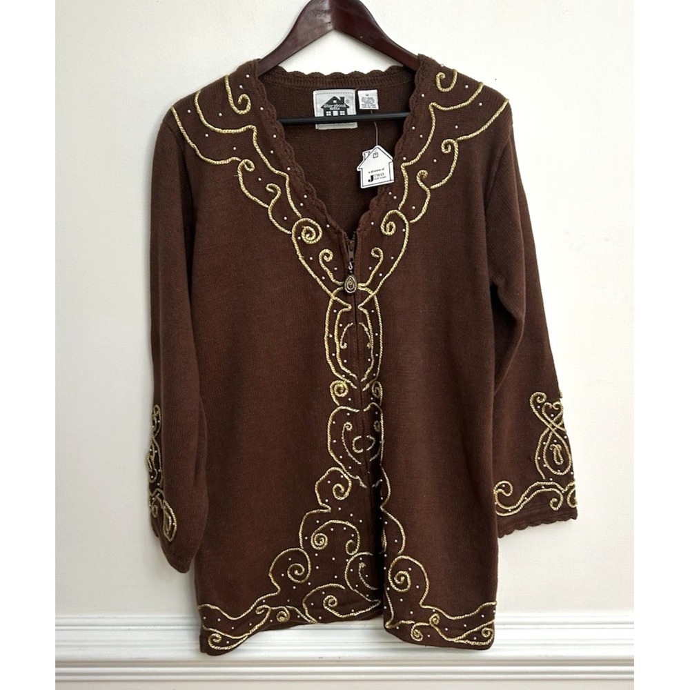 NWT Storybook‎ Knits Cardigan Sweater Women's M Chocolate Brown Gold Embroidery